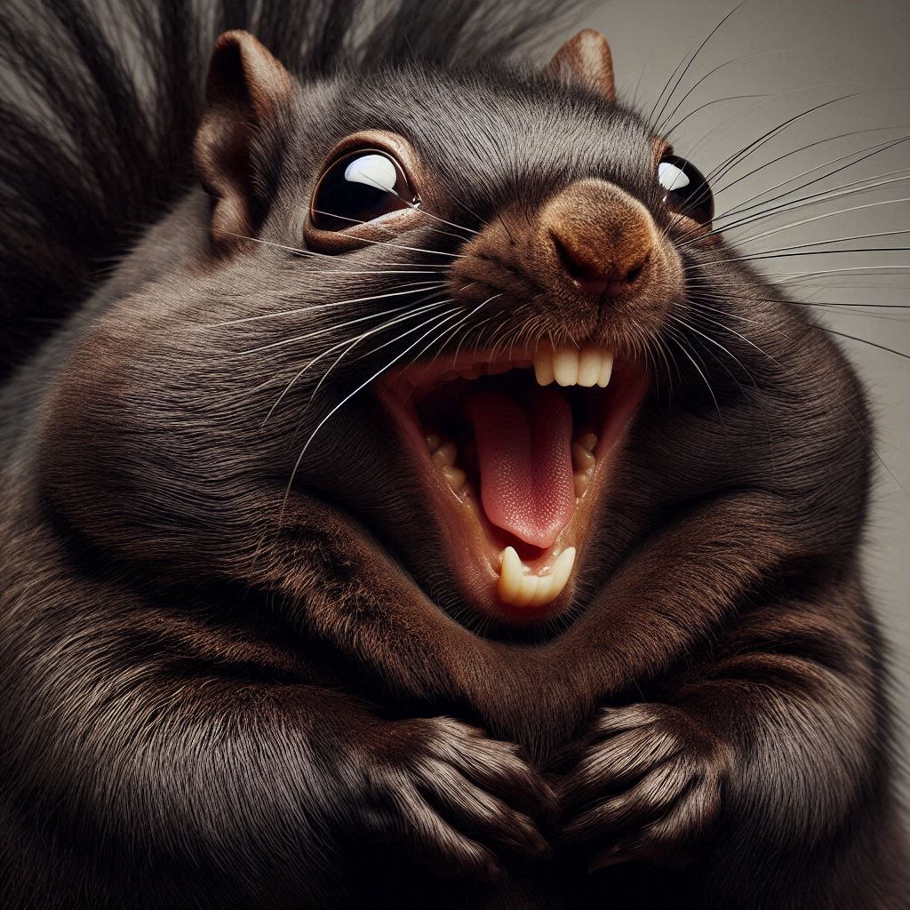Close-up Photograph: Mischievous obese Black Squirrel laughing and straining face; rolling-eyes ecstatic demented expression; hunching with ...