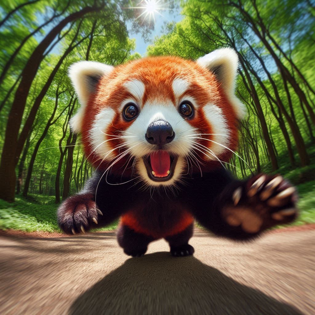 extreme close-up fish-lens Photograph: cute buggy-eyed obese Red Panda; charging into the viewer; with an excited confident look; with one p...