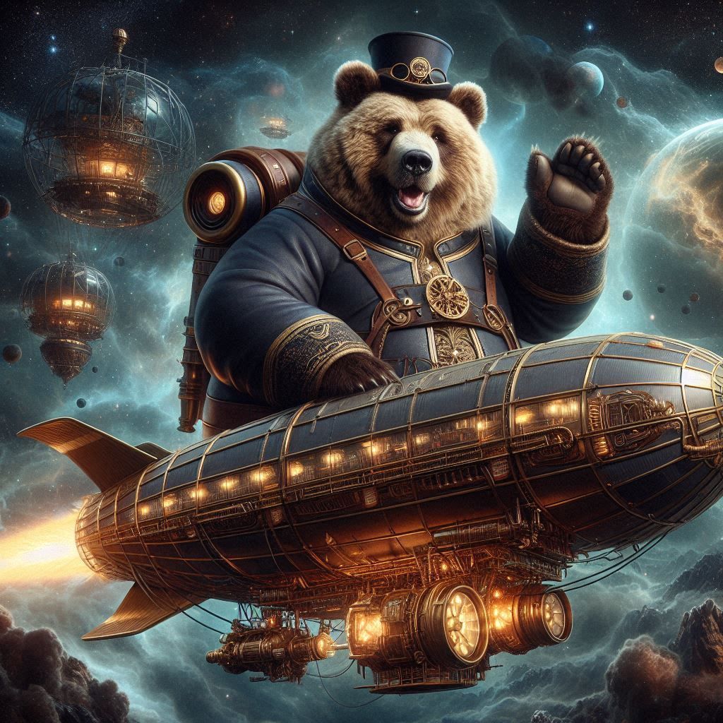 excited obese Kodiak Bear, adorned in a Victorian-era spacesuit, waving at viewer; pilots a steampunk dirigible through nebula; The ship is ...