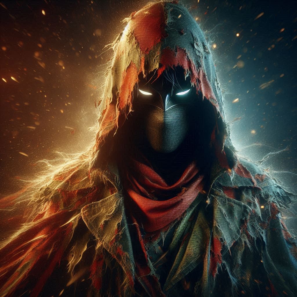 Cloak from Marvel Comic Universe; in the tattered style of (heroes: might and magic) in wonderland of madness; detailed; photorealistic text...