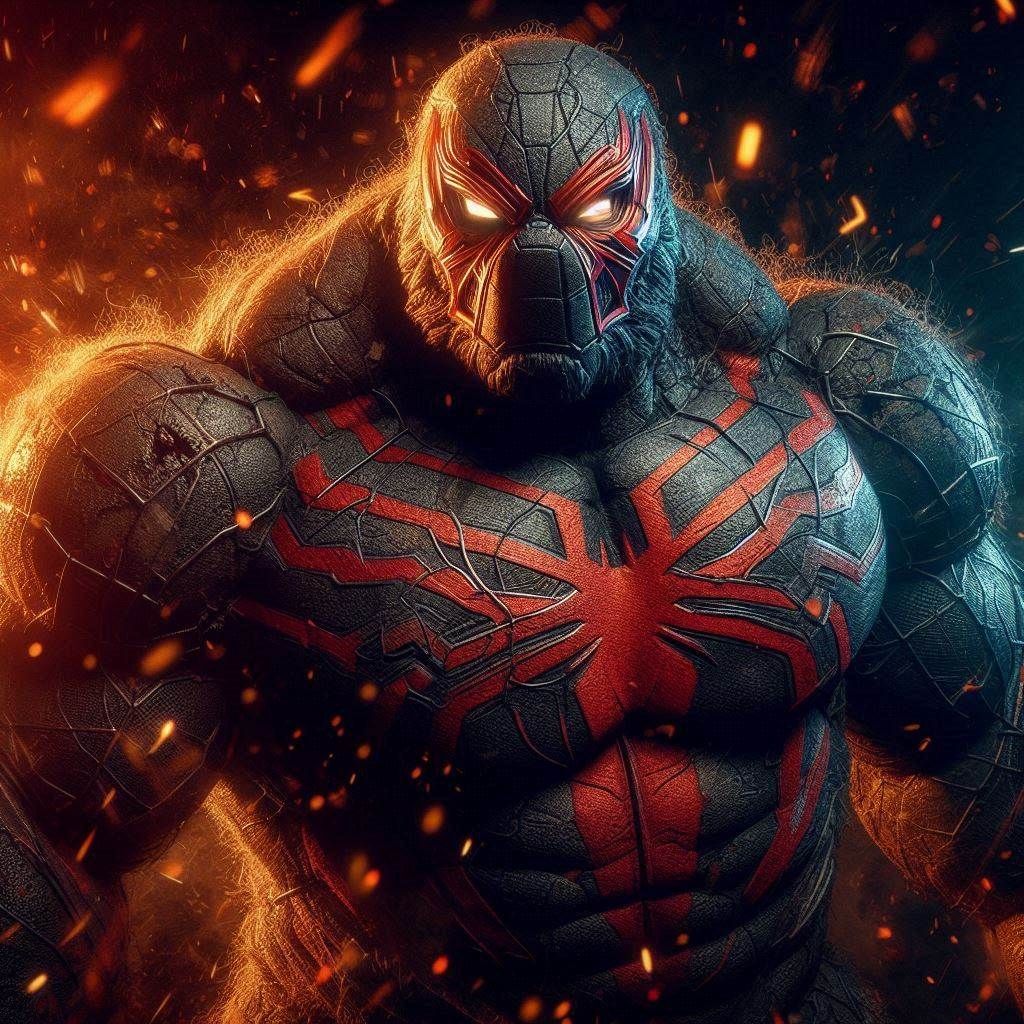 Photograph Portrait: Mythic Legions- "Marvel: Obese Bear-Spider-Man"; in explosive darkness;
