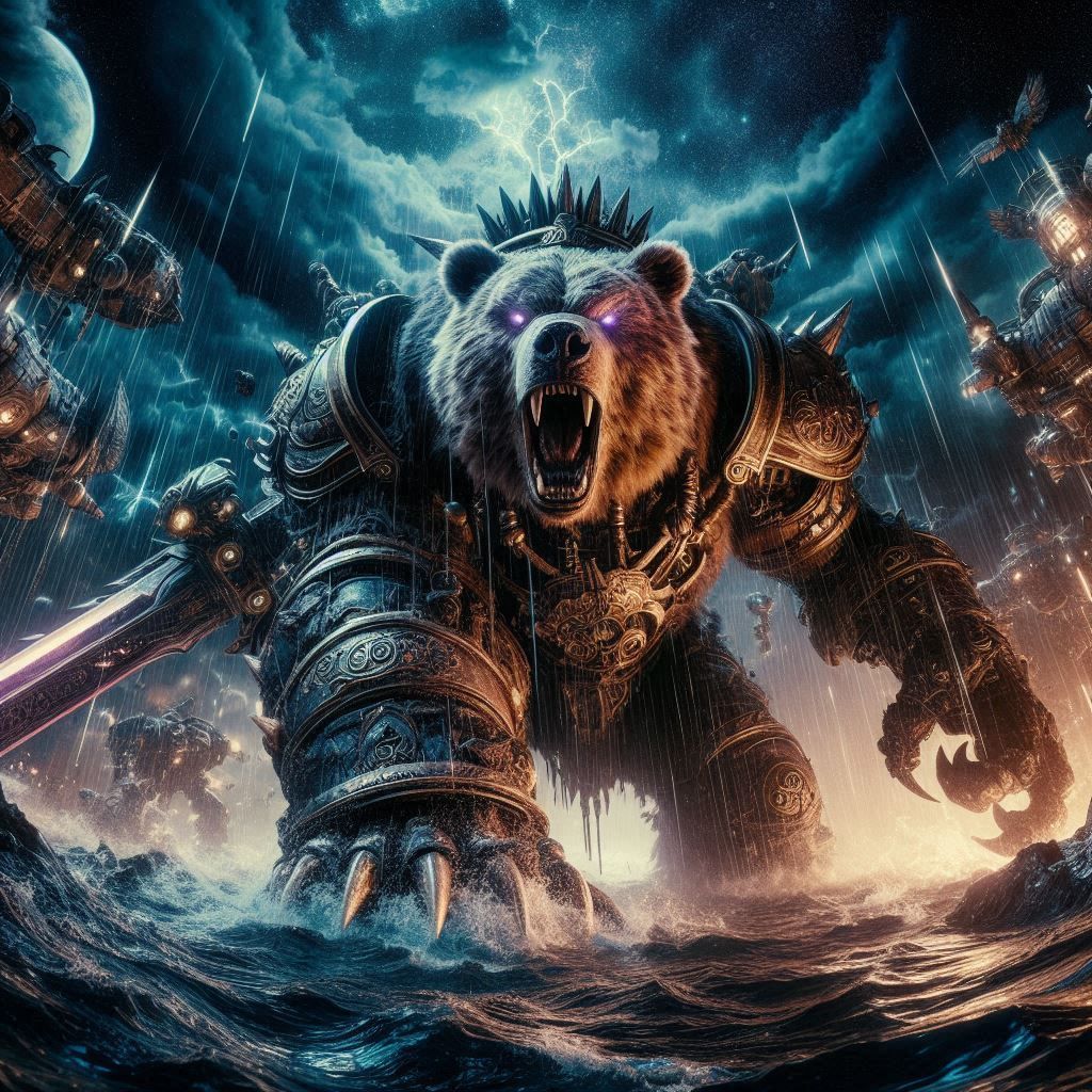 Panoramicrophotograph: "Final Fantasy VII- Raging Bear-Mammoth in elemental charged darkness;"
