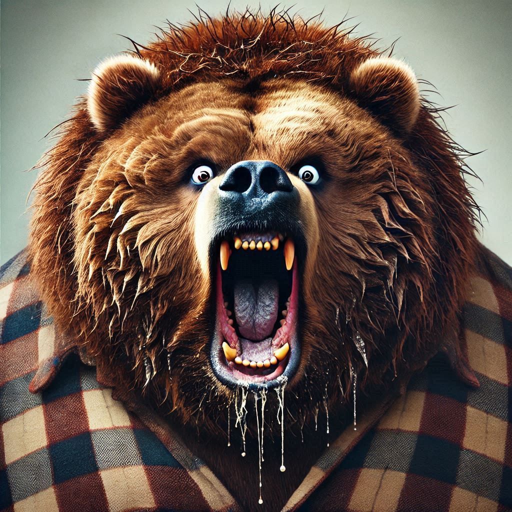 An obese raging snarling Kodiak Bear; raising his head slightly; bugged out eyes with insane contempt; Exaggeration and sharp teethy sneer;...