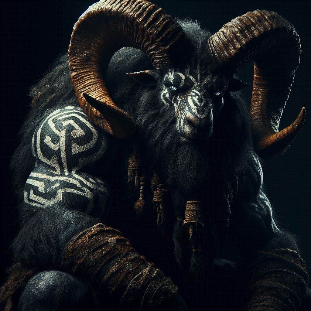 Photograph: Mythic Legions- "Ominous obese Bighorn Ram Marauder"; dark fur inlayed with Glowing tribal-markings; sitting in elemental darkne...