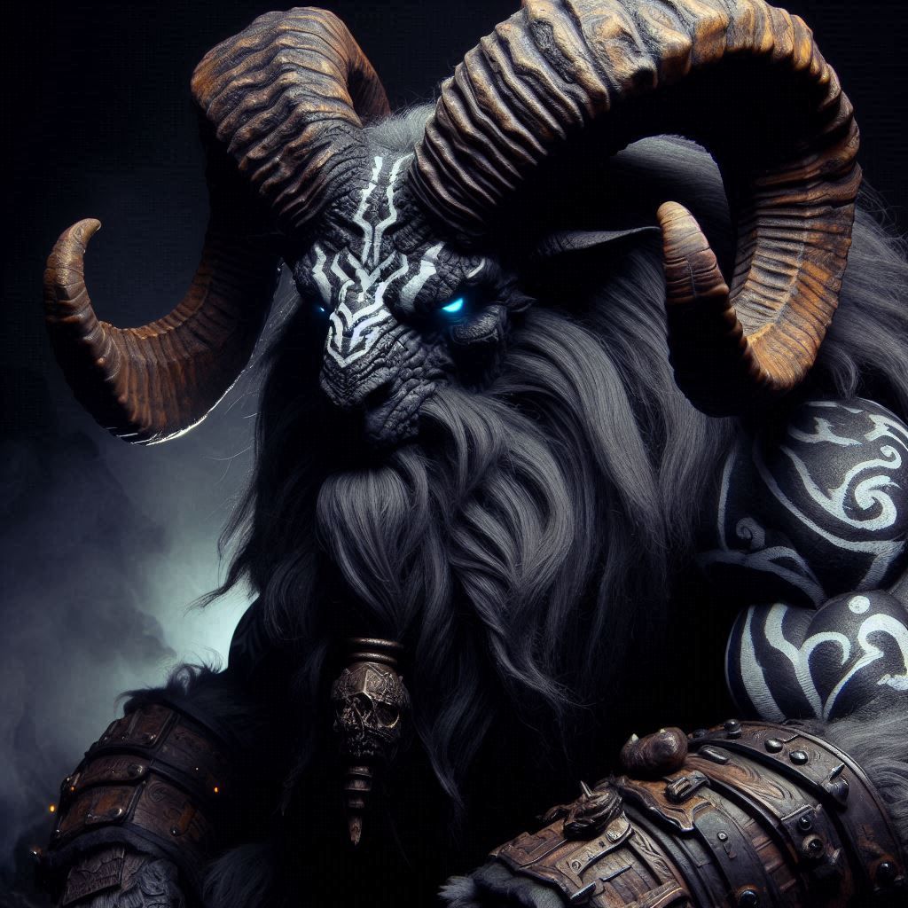 Photograph: Mythic Legions- "Ominous obese Bighorn Ram Marauder"; dark fur inlayed with Glowing tribal-markings; sitting in elemental darkne...