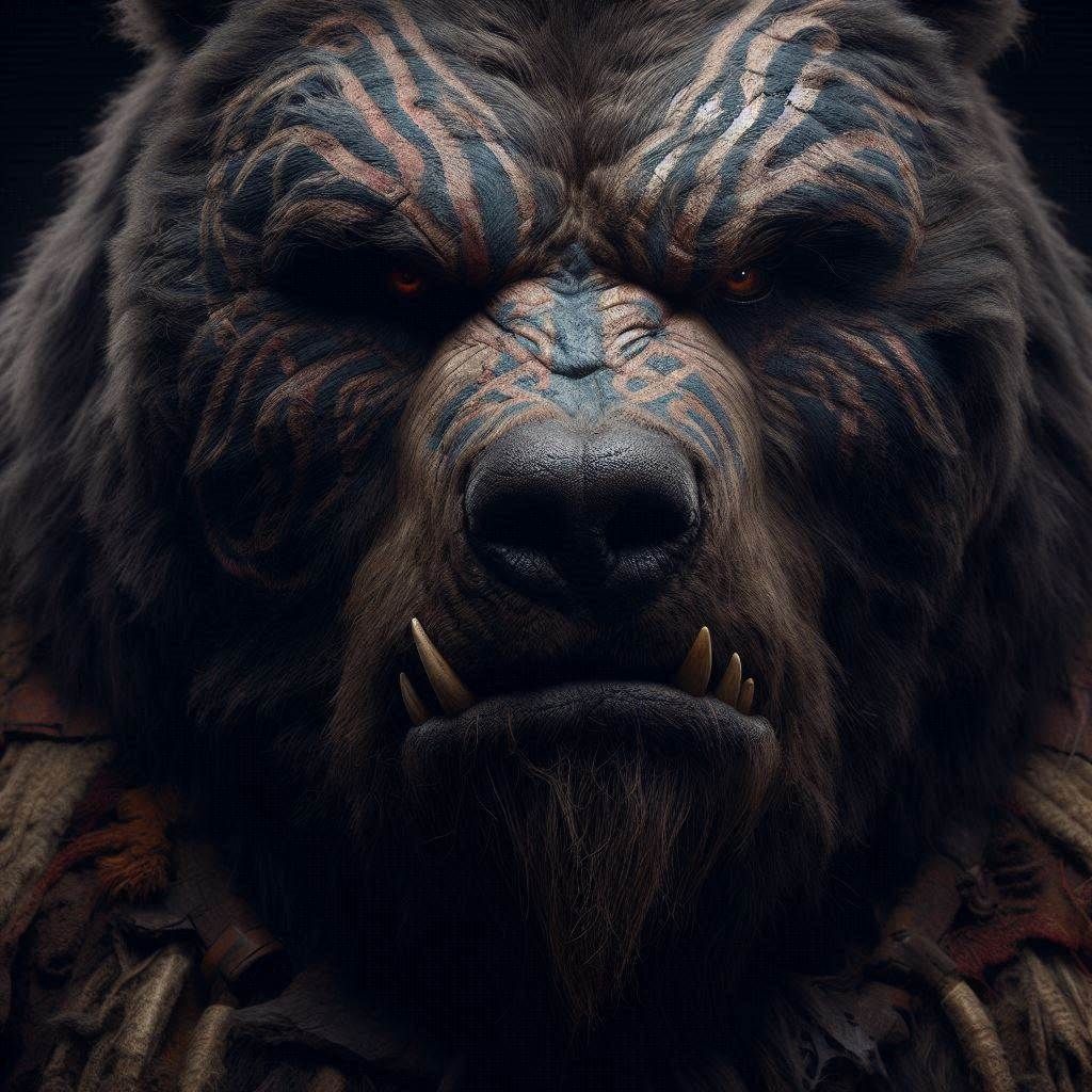 Close-up Photograph: Mythic Legions- "Grumpy obese Kodiak Bear Barbarian"; in dark fur inlayed with tribal-scars; standing in elemental dark...
