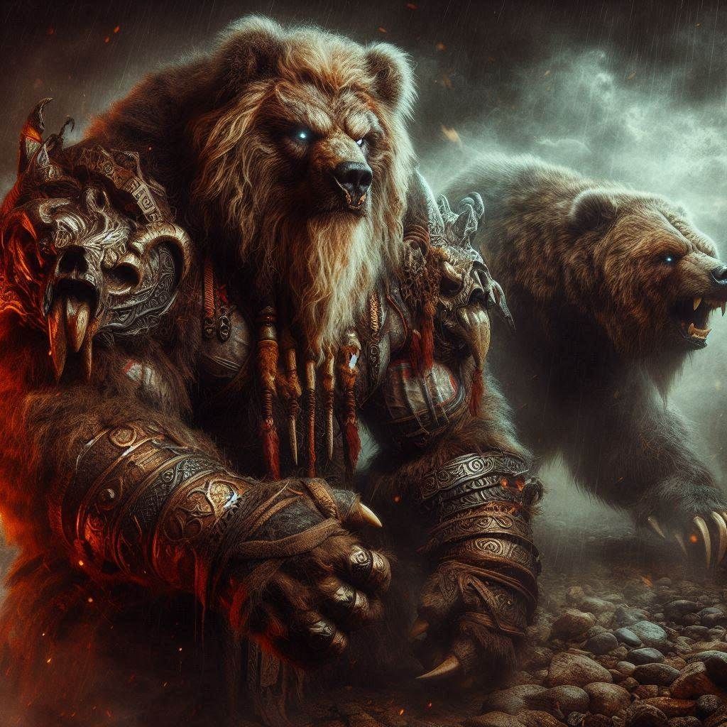 Photograph: Mythic Legions- "Ominous Hulking Obese Kodiak Bear"; in elemental darkness;
