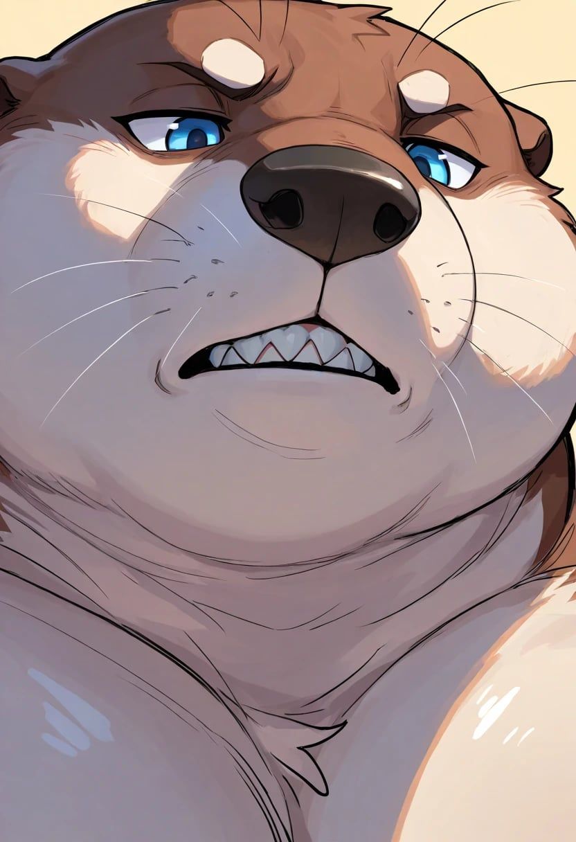 Portrait: Obese Otter; (muscular, kind, big muscles; light fur); focused eyes, impressed; mega-obese River Otter; detailed blue eyes, looking irritated; (sharp teeth); masterpiece, best quality, amazing quality,