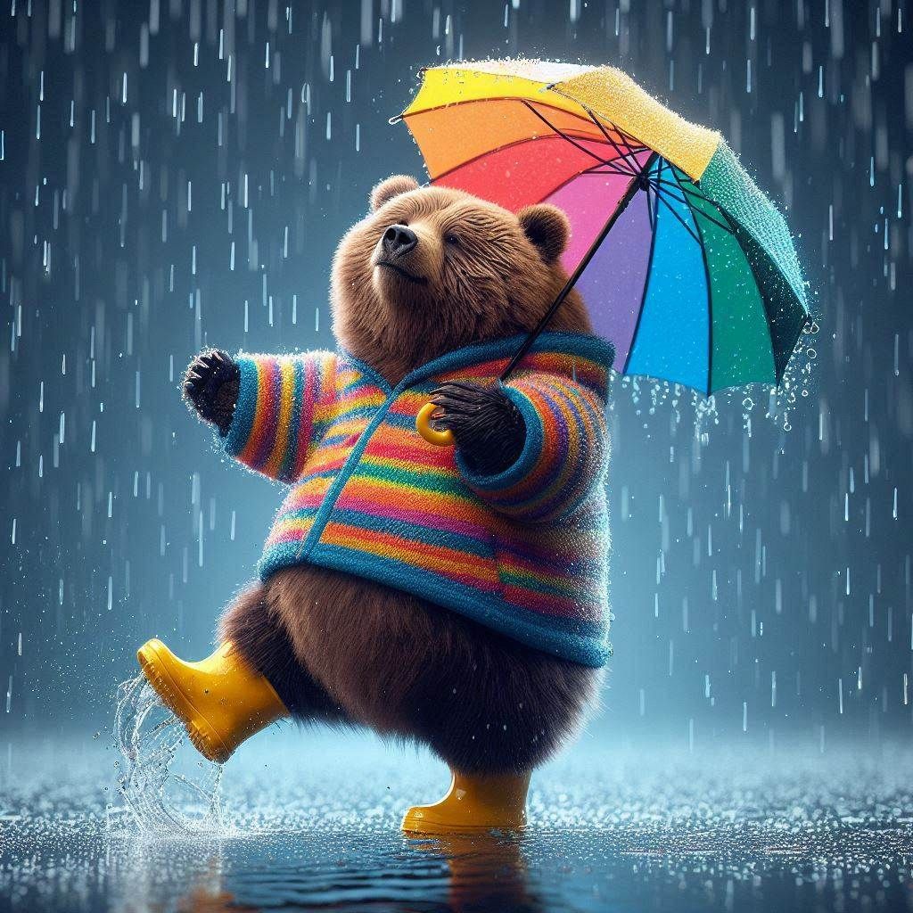 Microphotograph: obese Kodiak Bear; dancing happily in the rain; holding multicolor umbrella; bright rainbow raincoat with a striped pattern...