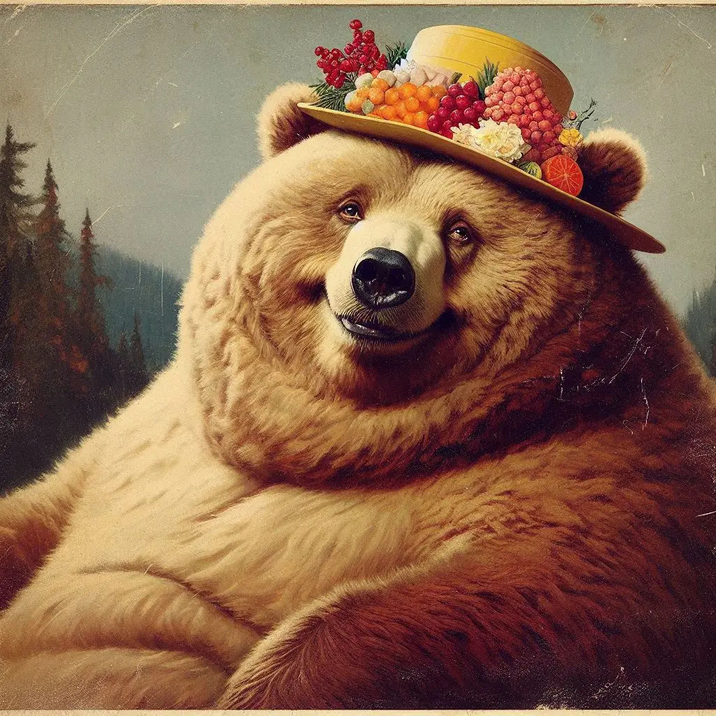 vintage Norman Rockwell style portrait: Sarcastic obese Kodiak Bear; looking at the viewer with pleased interest;

