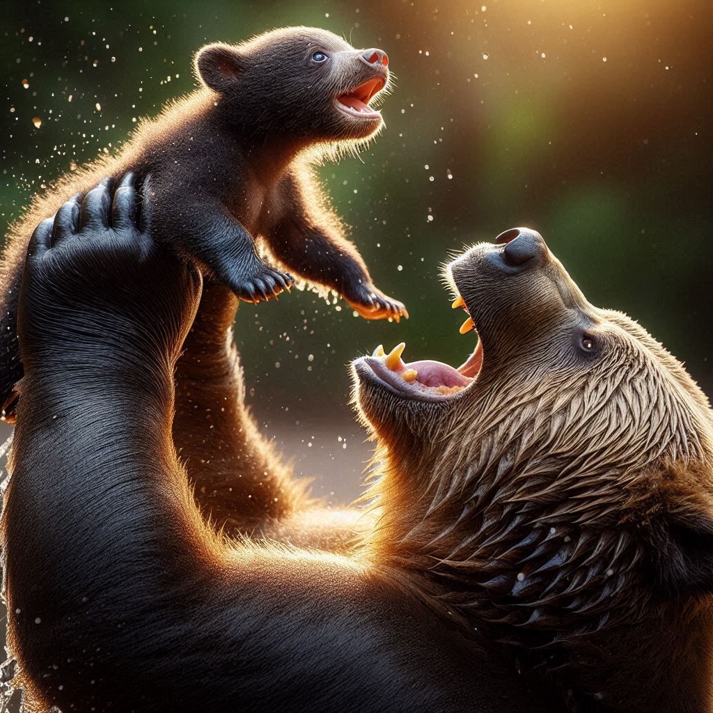 An excited bear cub being tossed into the air by a big obese dad bear, extreme joy, light, refracting, emotional intensity, looking up
