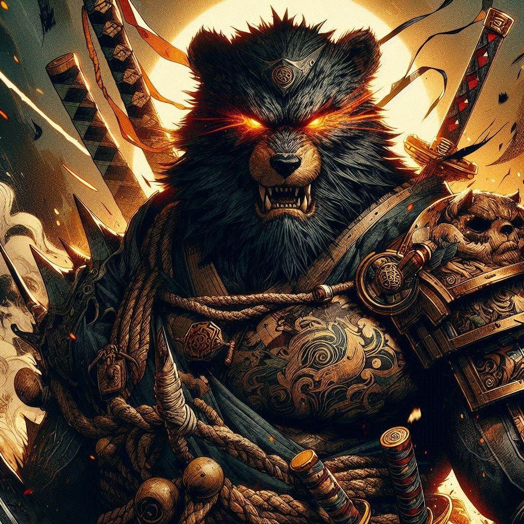 Photograph Portrait: Mythic Legions- "Ninja Scroll: Obese Bear-Jubei"; in explosive MANGA darkness;
