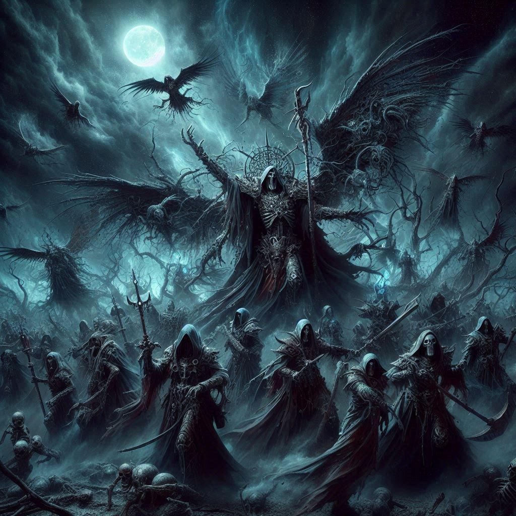 Photograph: Mythic Legions- "Ominous frantic Lemming-Summoners"; in elemental darkness;
