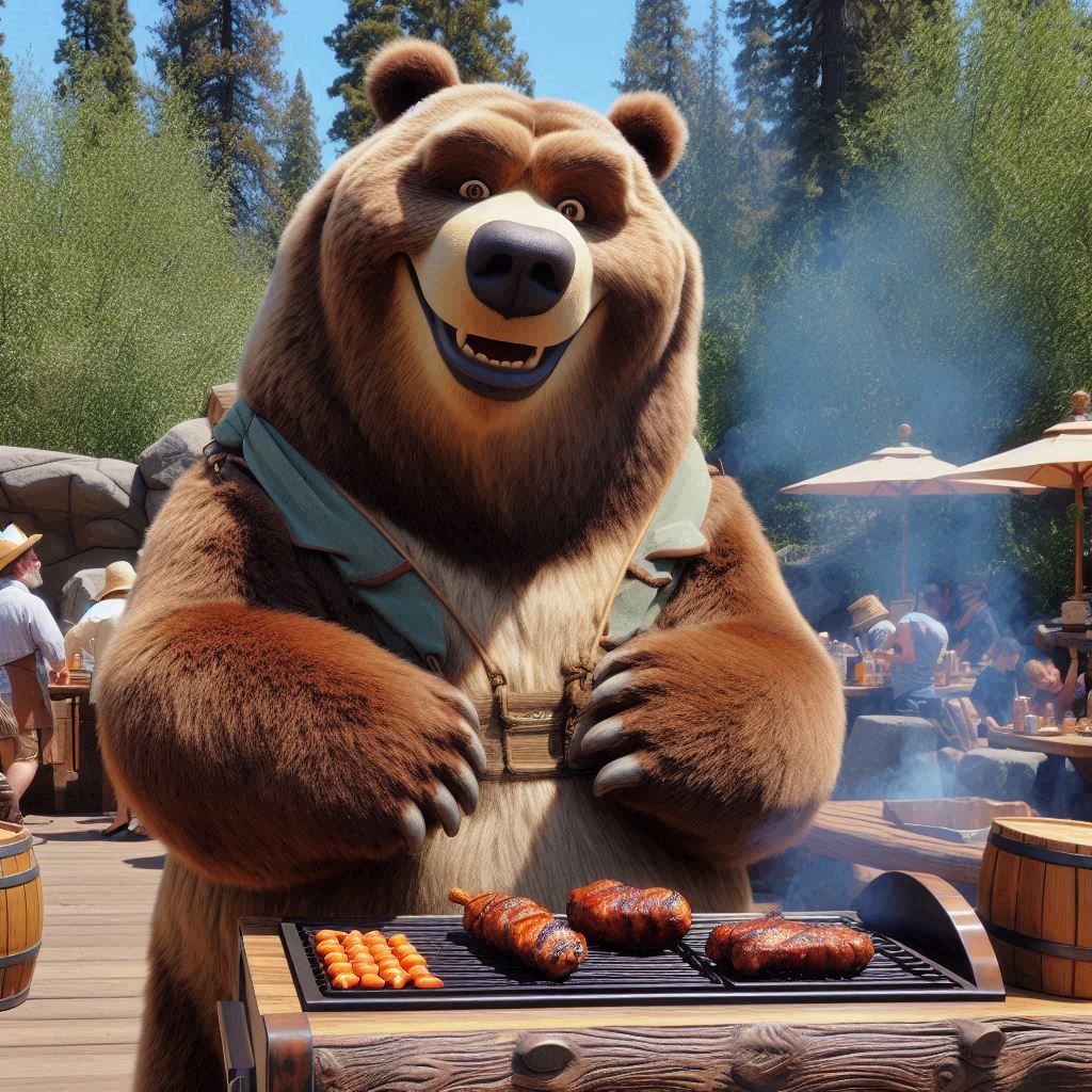 The Kodiak Bear named Tug, from the Disney movie, "Brother Bear"; Outdoor Barbeque as giant grill-master-Tug Bear;
