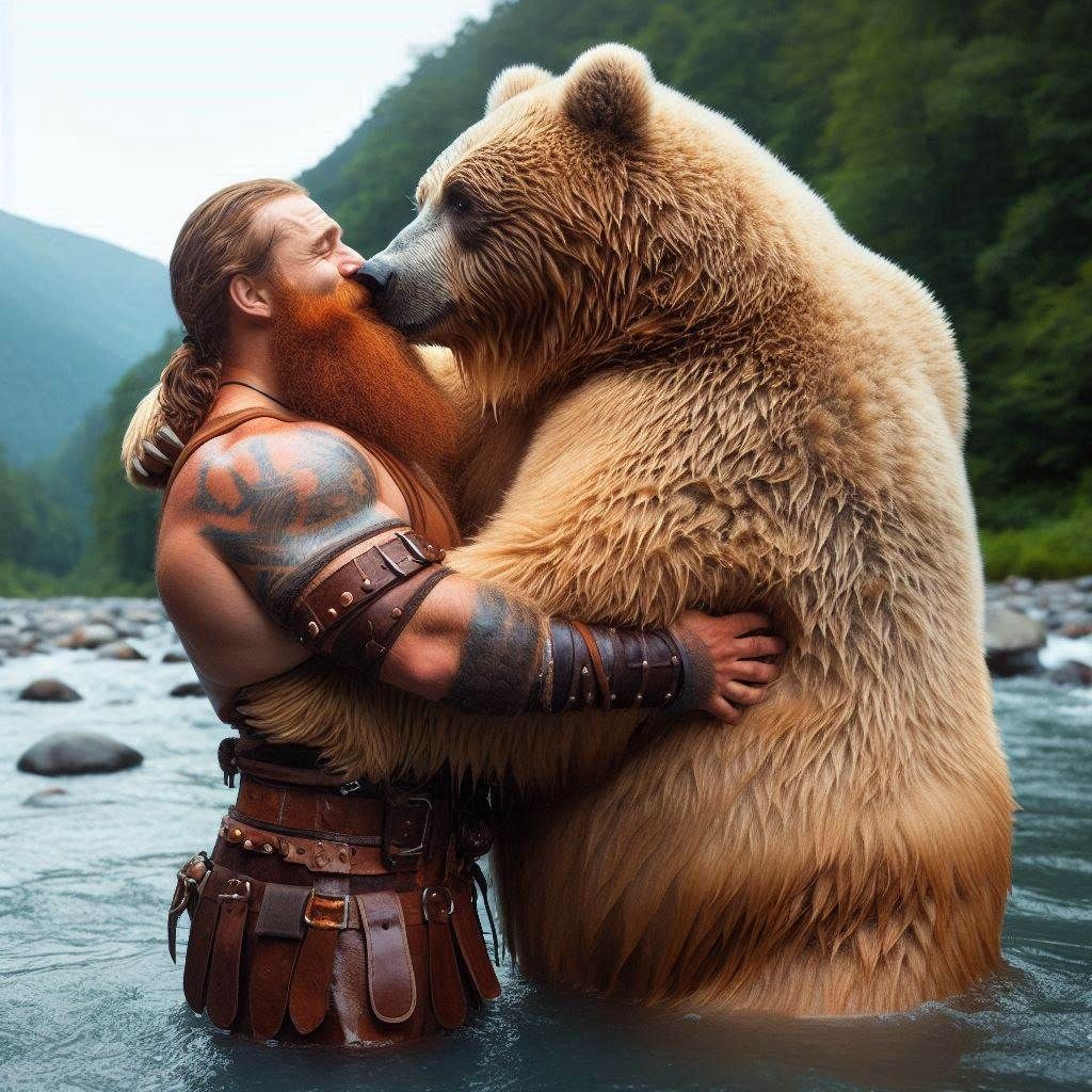 full-body close-up portrait: excited obese Kodiak Bear and obese Barbarian Kissing standing in a river; hugging each-other;
