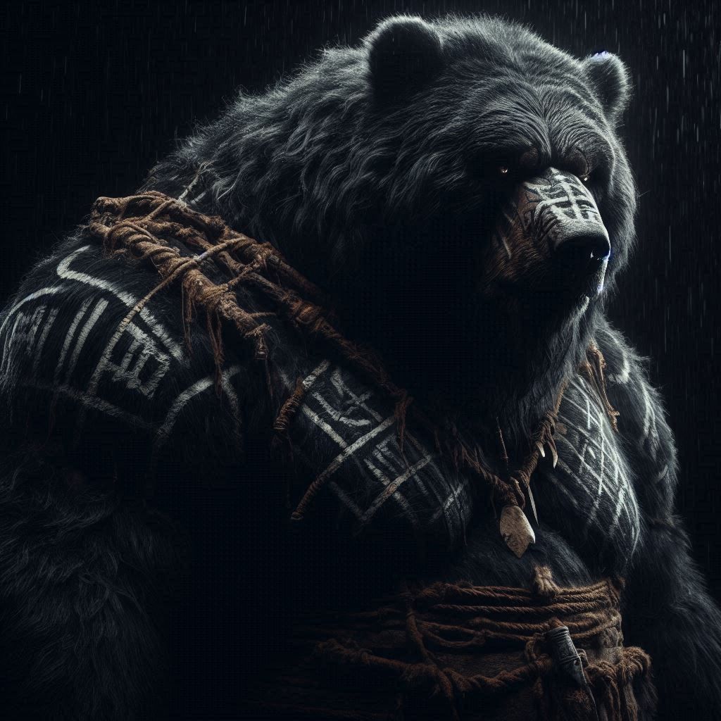 Close-up Photograph: Mythic Legions- "Ominous obese Kodiak Bear Barbarian"; in dark fur inlayed with tribal-scars; standing in elemental dar...