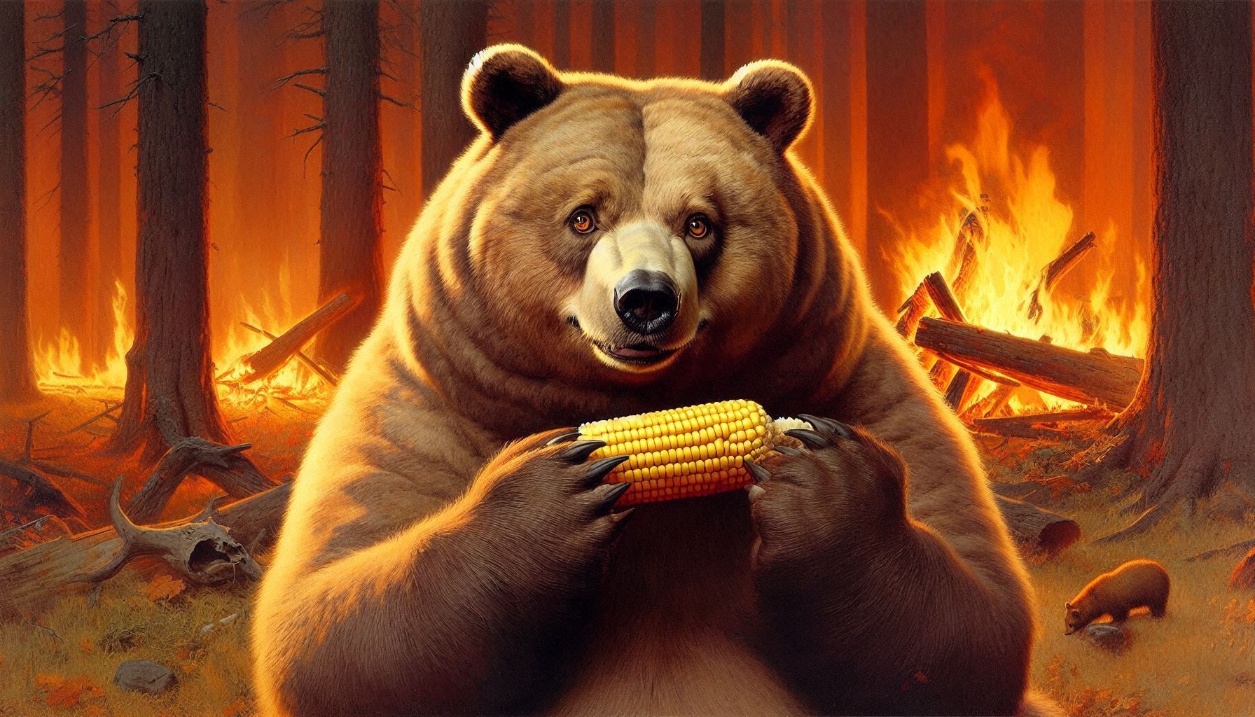Norman Rockwell art portrait: obese Kodiak Bear; holding corn-on-the-cob in his paws; looking at the viewer with pleased interest burning fo...