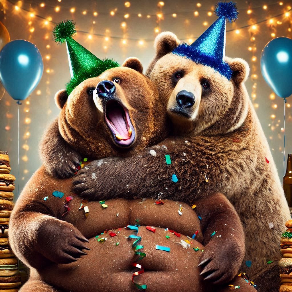obese Bear duo hugging; an excited Kodiak Bear smothering; unimpressed obese Bear with a disgusted look; Newyear's duo Party background;
