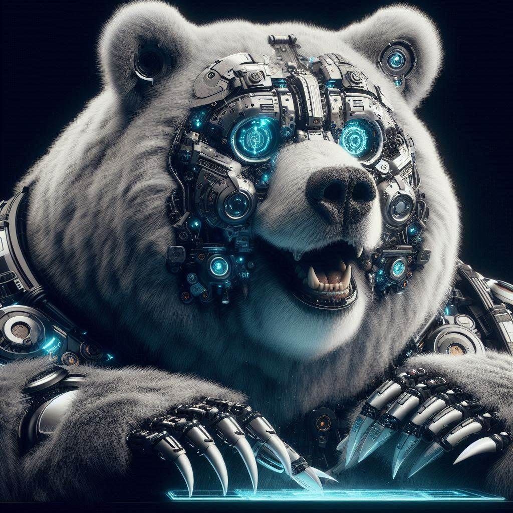 Photograph: "Provoking Obese Kodiak Bear-Tech-Runner; looking playful"; in futuristic utopian darkness;
