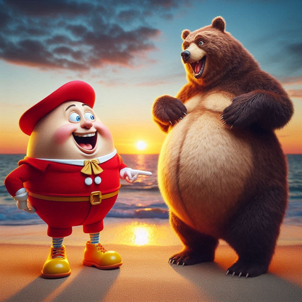 excited Humpty Dumpty standing next to surprised Obese Grizzly Bear; pointing sarcastically at each-other's stomach; sunset on the beach;
