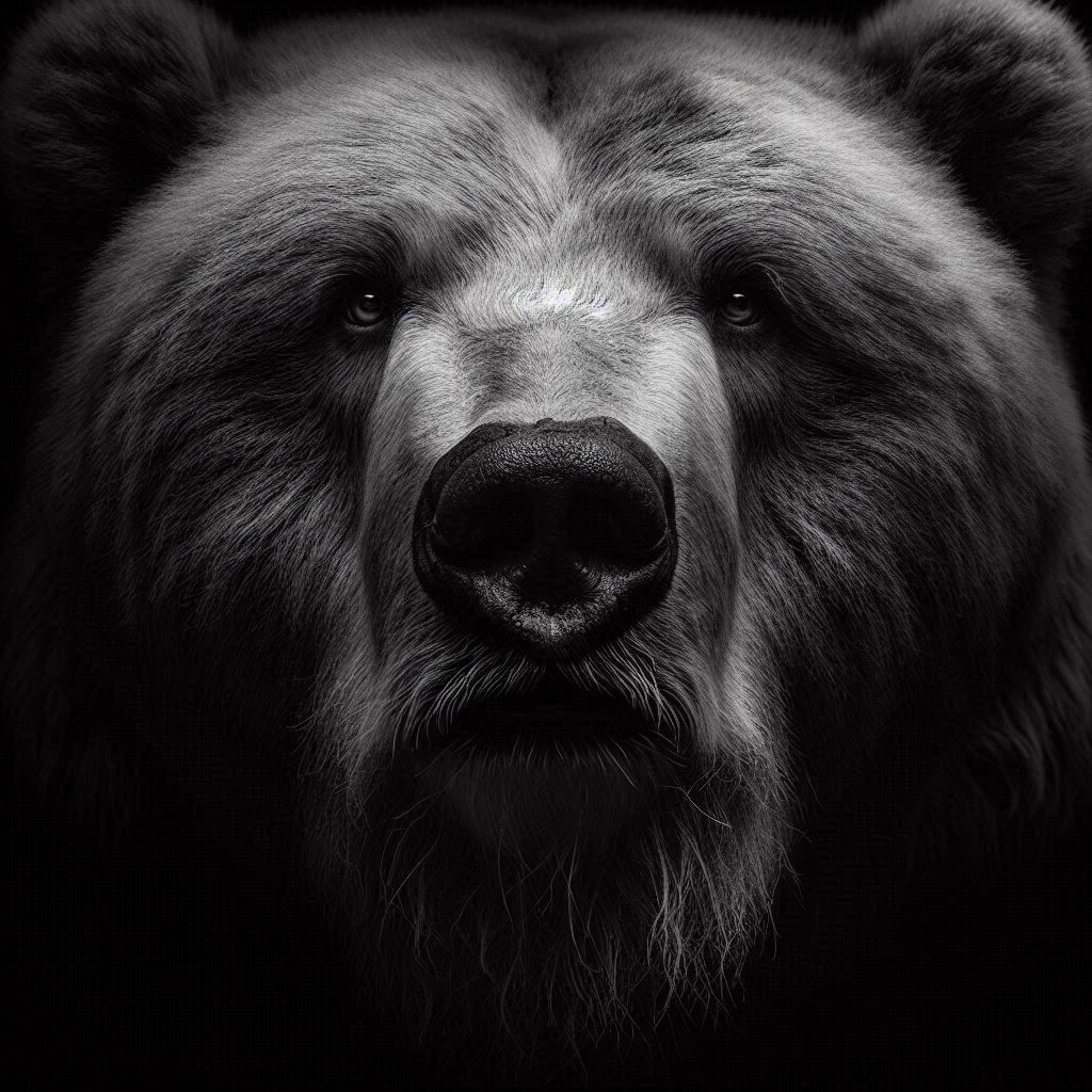 B/W Close-up Photograph Portrait: sentimental obese Kodiak Bear; looking at the viewer; rising from darkness;
