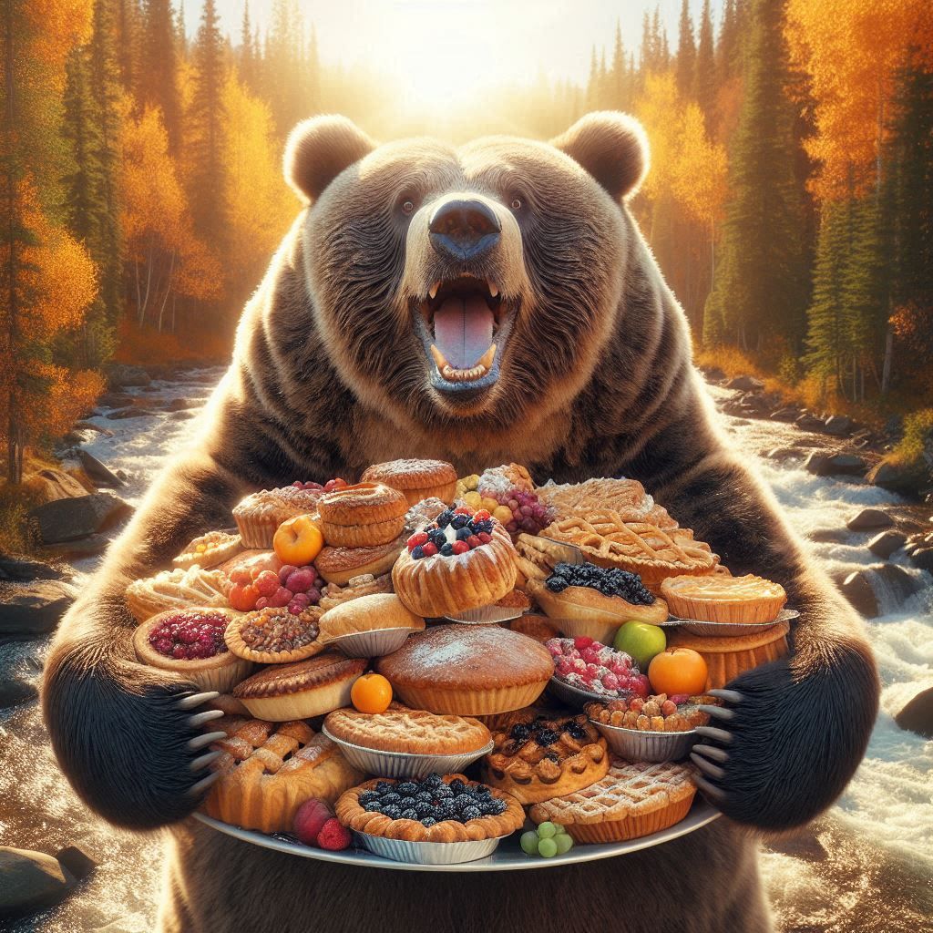 panoramicophotograph: Excited Surprised obese Kodiak Bear; enjoying a huge pile of assorted Pies; in Autumn afternoon sunlight;
