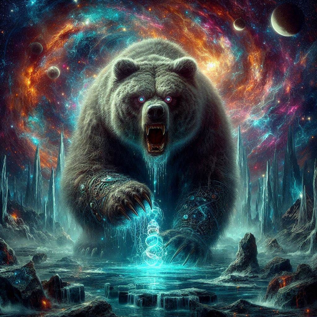 Photograph: Mythic Fantasy- "Provoking Obese Grizzly Bear"; in cosmic elemental darkness;
