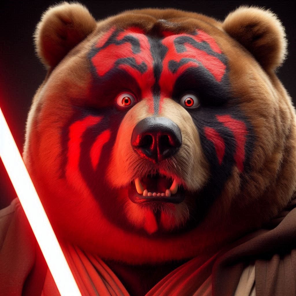 Close-up Photograph: Obese Kodiak Bear-Darth Maul; red face-paint looking surprised; holding a red lightsaber; dark surroundings;
