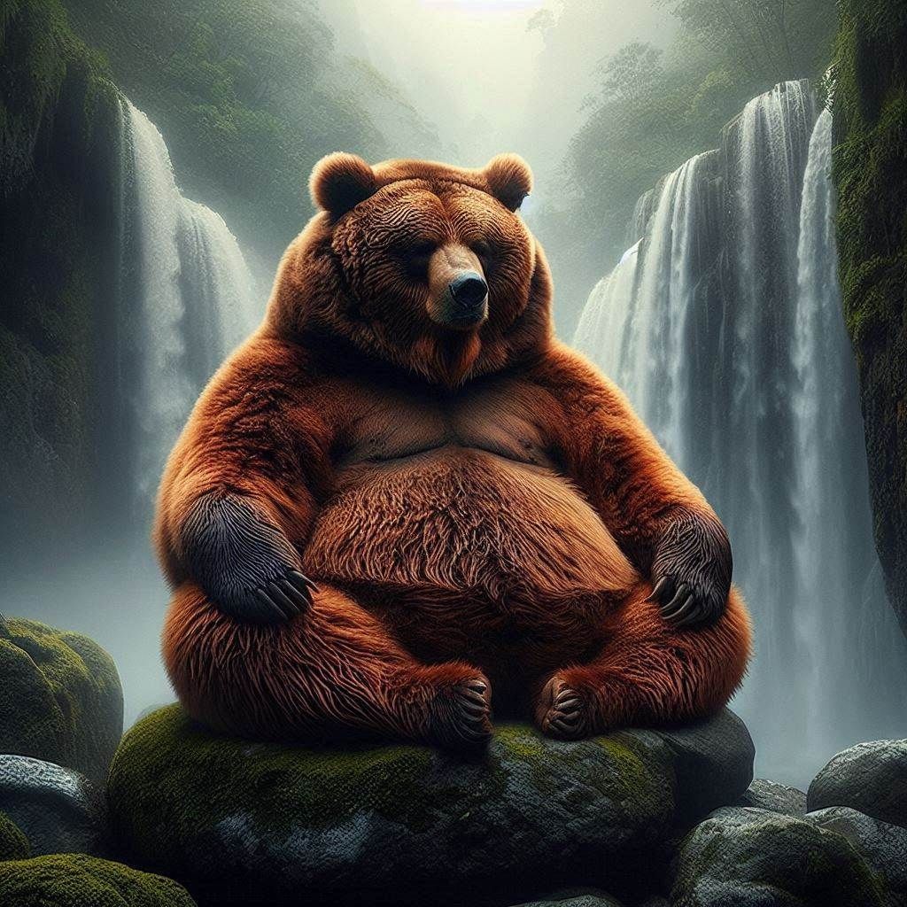 Photograph: "obese Kodiak Bear Monk Zen-Master"; meditation-yoga stance; in elemental surroundings; Mythic Legions;
