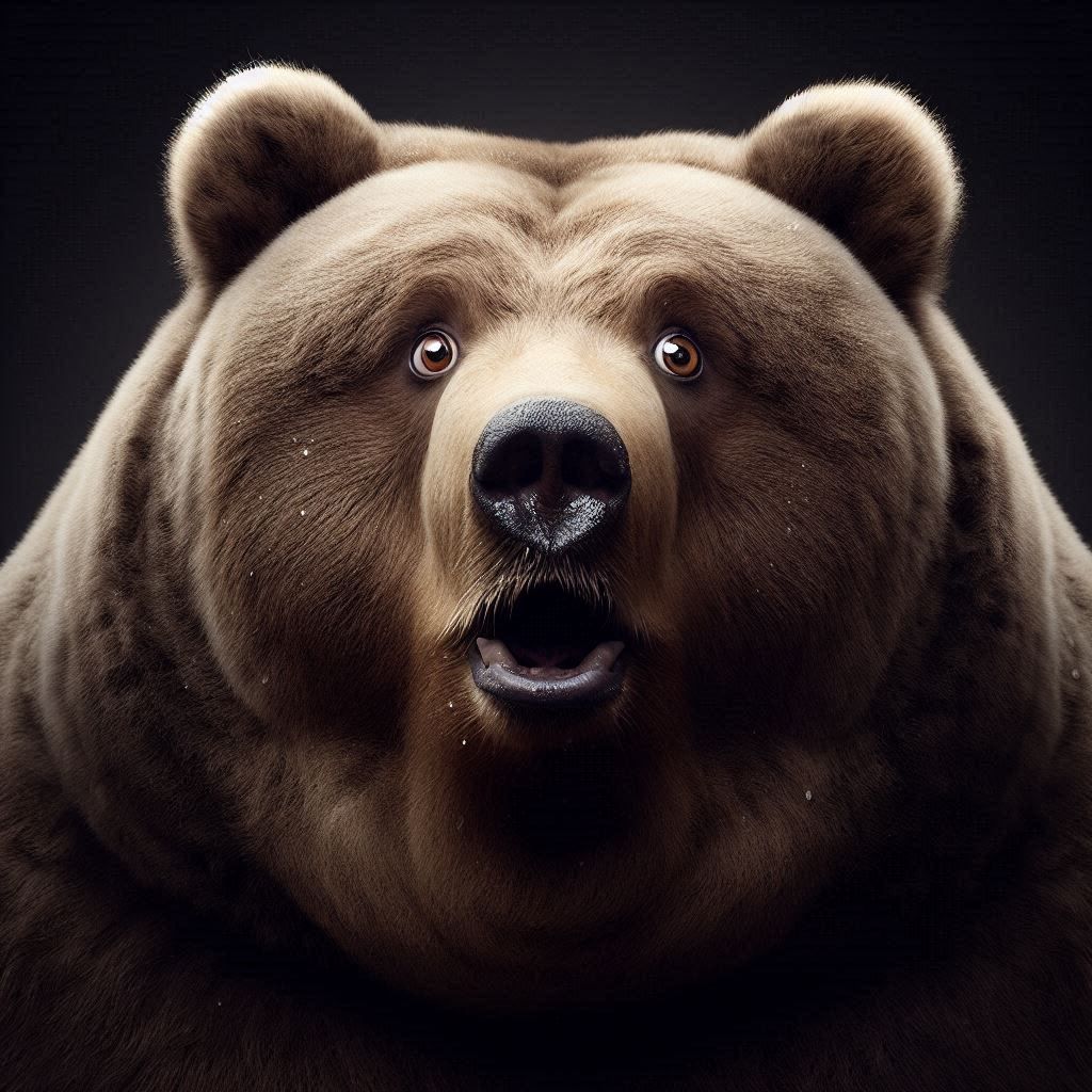 Close-up Photograph: Obese Kodiak Bear; concerned standing sarcastic; mockingly surprised expression; pale eyes shimmer in darkness; pitch-d...
