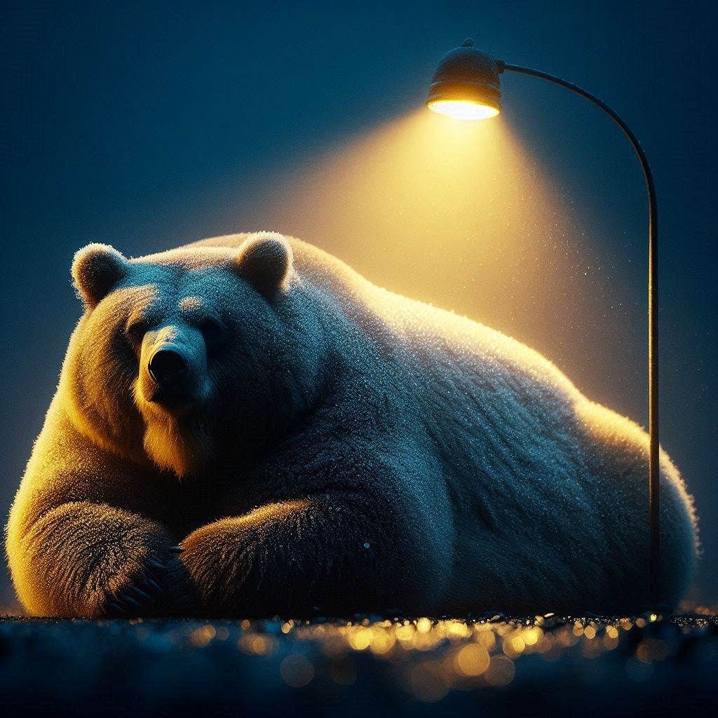 Close-up microphotograph: Obese Kodiak Bear Male; relaxing in a lonely street light glowing a faint yellow light, illuminating a small area...