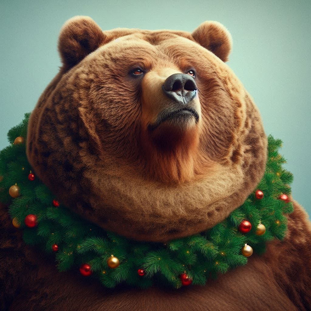 An obese Kodiak Bear; wearing a Christmas Tree; raising its head slightly; half-closed parrot eyes with strong contempt; Exaggeration and co...