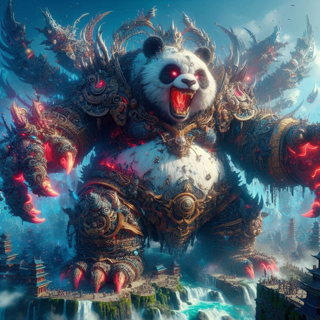 Panoramicrophotograph: Mythic Legions- "obese Giant Panda-Titan in elemental charged darkness;"
