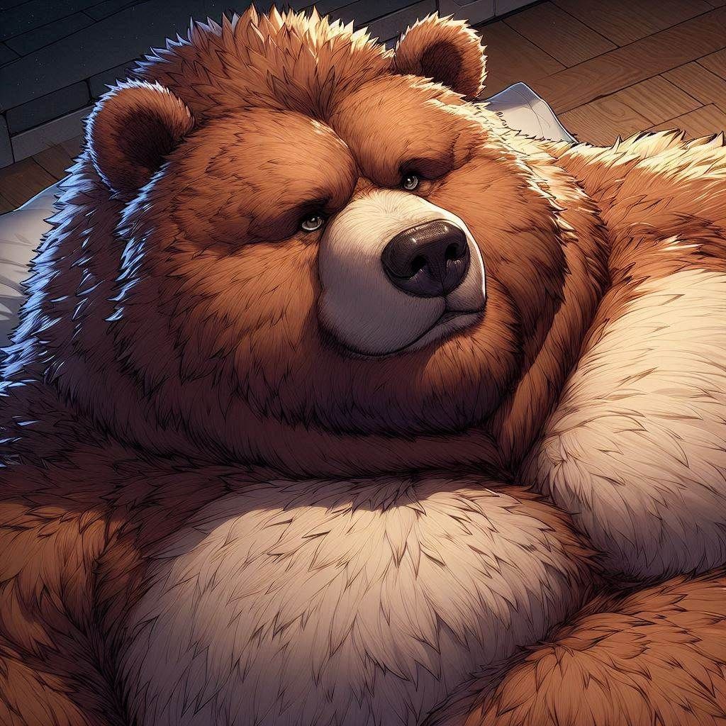 Obese Kodiak Bear relaxing; Brown/Tan furs, dark beard, sparkling black Eyes, large muscles, Detailed messy body furs, burly huge stature; m...