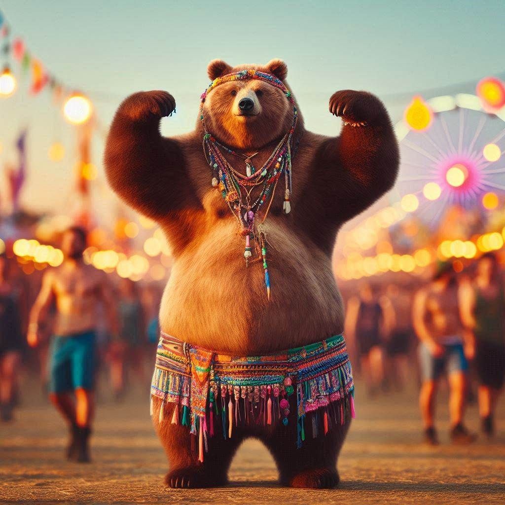 Panoramicrophotograph: Hippie-obese Kodiak Bear; looking confident; power-stance; arms up; -Bear-style- this action shows a perfect stance a...