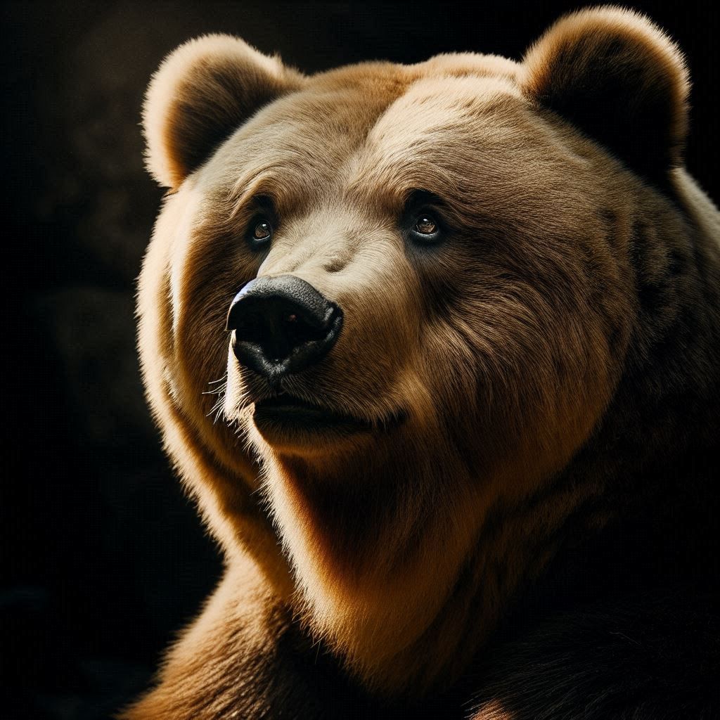 Nature Photograph: Handsome Obese Kodiak Bear Looking sympathetic; peering from darkness;
