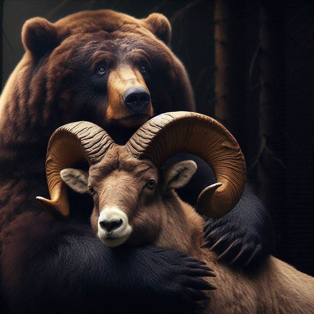 Nature Photograph: Handsome Obese Kodiak Bear hugging a curious obese Bighorn Ram; Looking sympathetic; peering from darkness;
