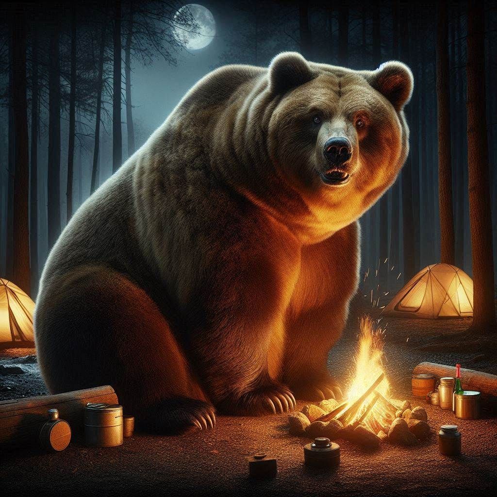 Photograph: "Provoking Obese Kodiak Bear; looking playful"; camping in darkness;