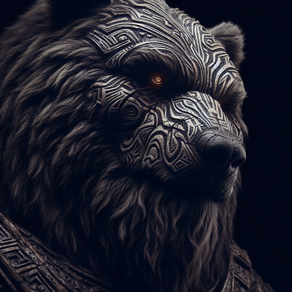 Close-up Photograph: Mythic Legions- "concerned obese Kodiak Bear Mage"; in dark fur inlayed with tribal-scars; standing in elemental darkne...