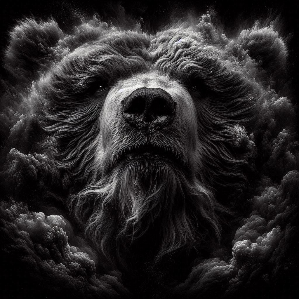 Microphotograph portrait: Obese Kodiak Bear; Gothic aura gazes directly at the viewer with a look of defiance and trauma; dark atmosphere ch...