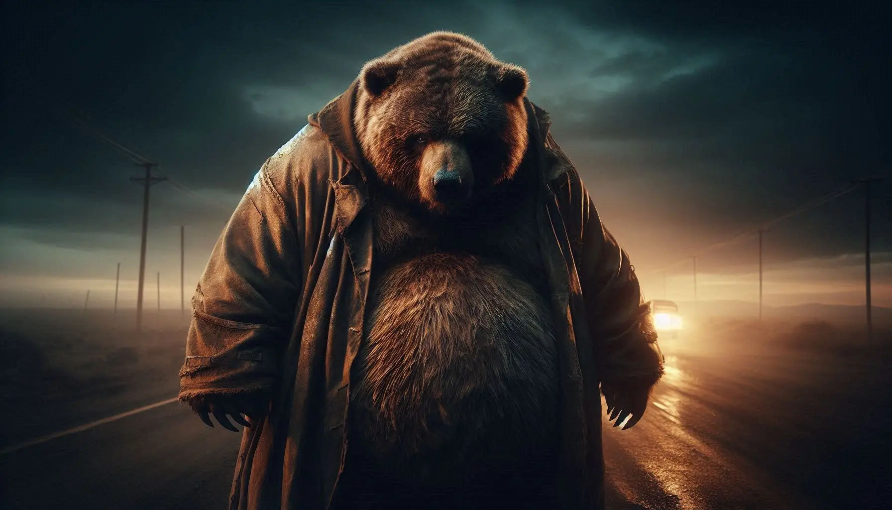 Close up: Obese Kodiak Bear in a worn leather duster, standing on a dusty, desolate road under a bruised, twilight sky; he hunches trying to...