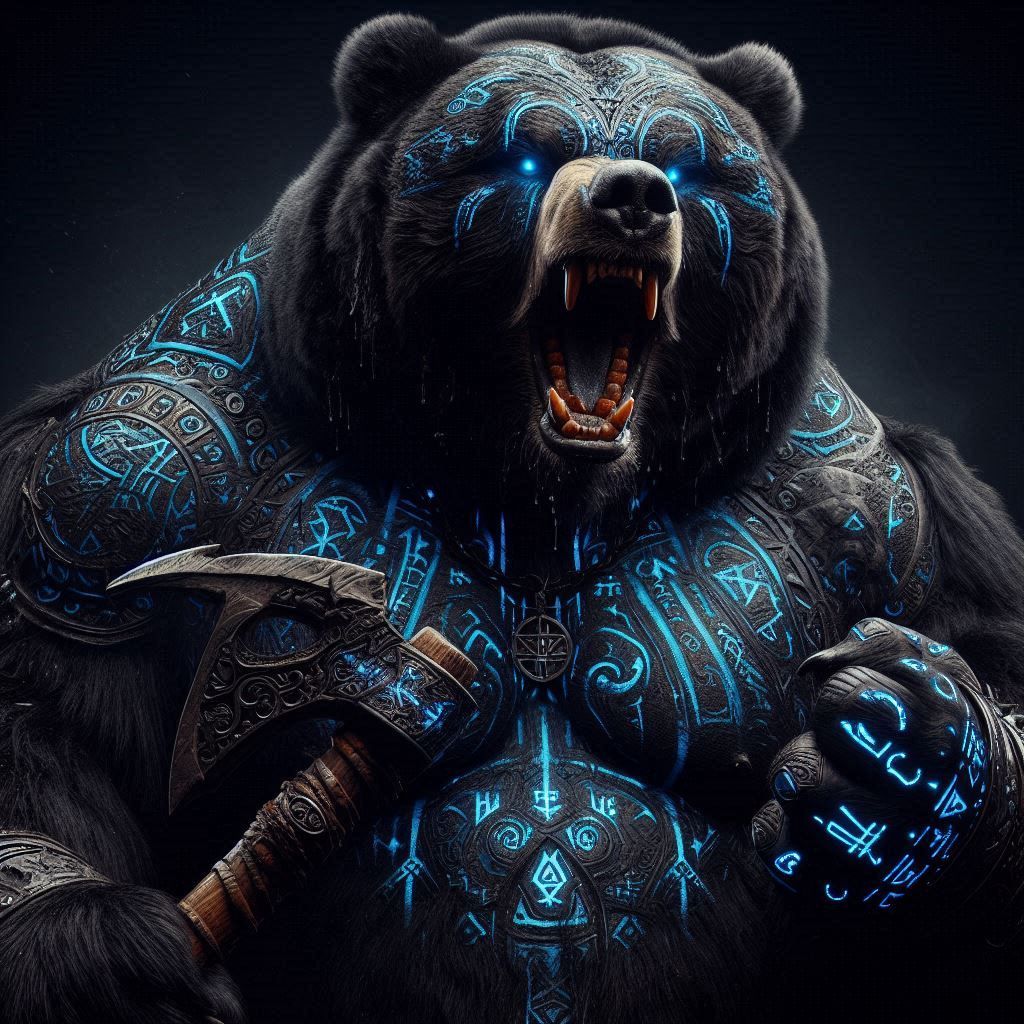 Photograph: "Angry obese Kodiak Bear Barbarian Ravager"; Black fur; inlayed with cobalt glowing runes; standing in elemental darkness; Mythi...