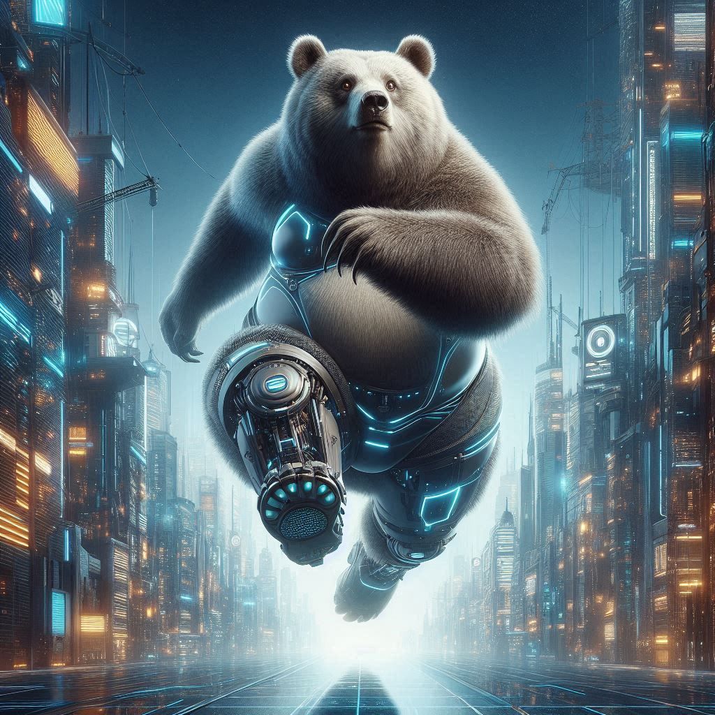 Photograph: "Provoking Obese Kodiak Bear-Tech-Runner; looking playful"; in futuristic utopian darkness;
