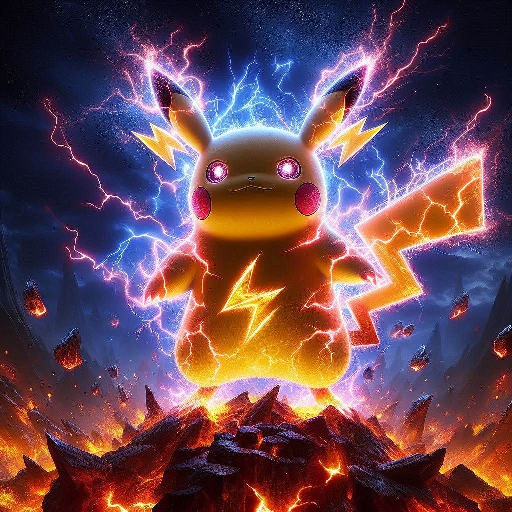 Photograph: Pokémon Index: Electrostorm Pikachu- "Obese Lightningfused Pikachu's final evolution"; in elemental fiery darkness;
