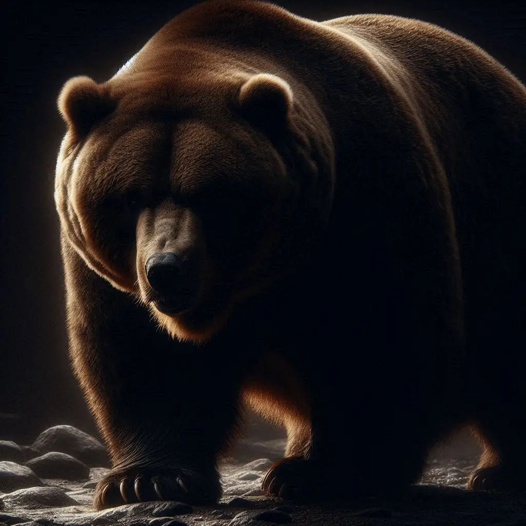Dark photograph portrait: Obese Kodiak Bear; prowling in the shadows barely seen, massive ominous guardian presence; highlighted only by low...