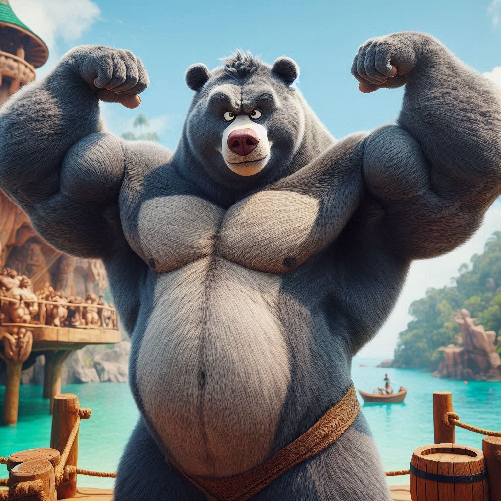 The big gray Bear named Baloo, from the Disney movie, "The Jungle Book" as giant bodybuilder Baloo, on steroids;
