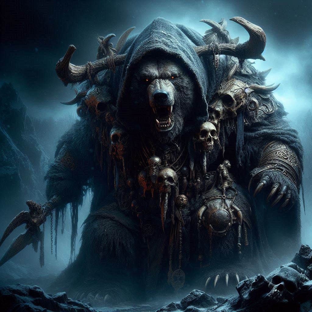 Photograph: Mythic Legions- "Ominous Hulking Obese Kodiak Bear"; in elemental darkness;
