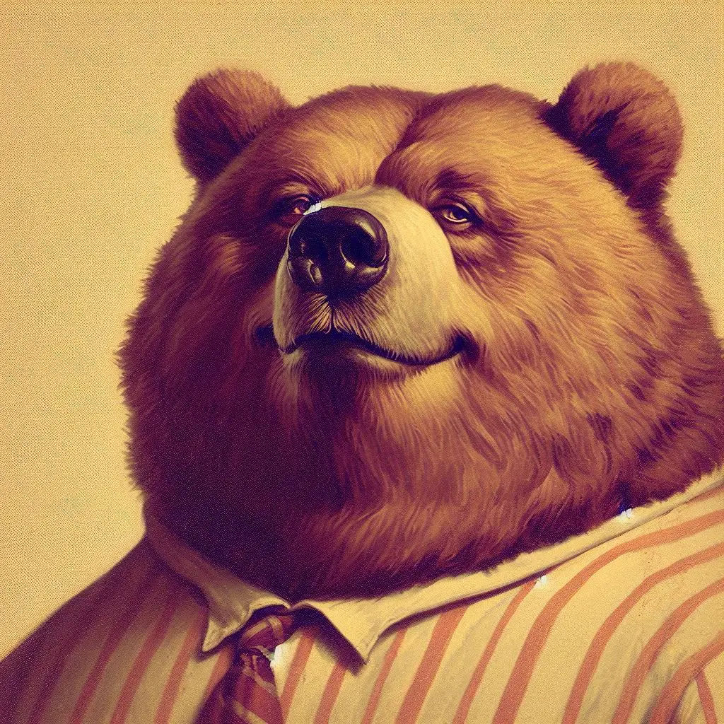 vintage Norman Rockwell style portrait: Sarcastic obese Kodiak Bear; looking at the viewer with pleased interest;

