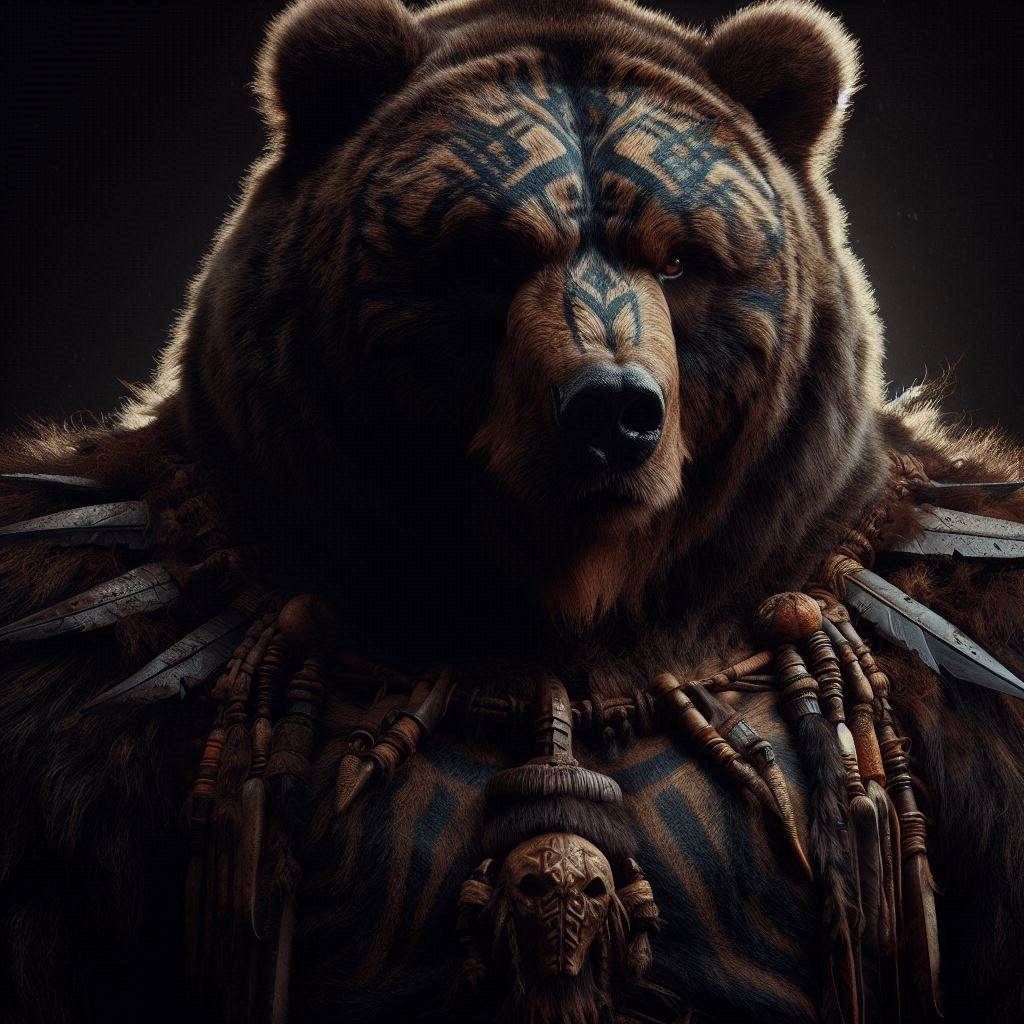Close-up Photograph: Mythic Legions- "Ominous obese Kodiak Bear Barbarian"; in dark fur inlayed with tribal-scars; standing in elemental dar...