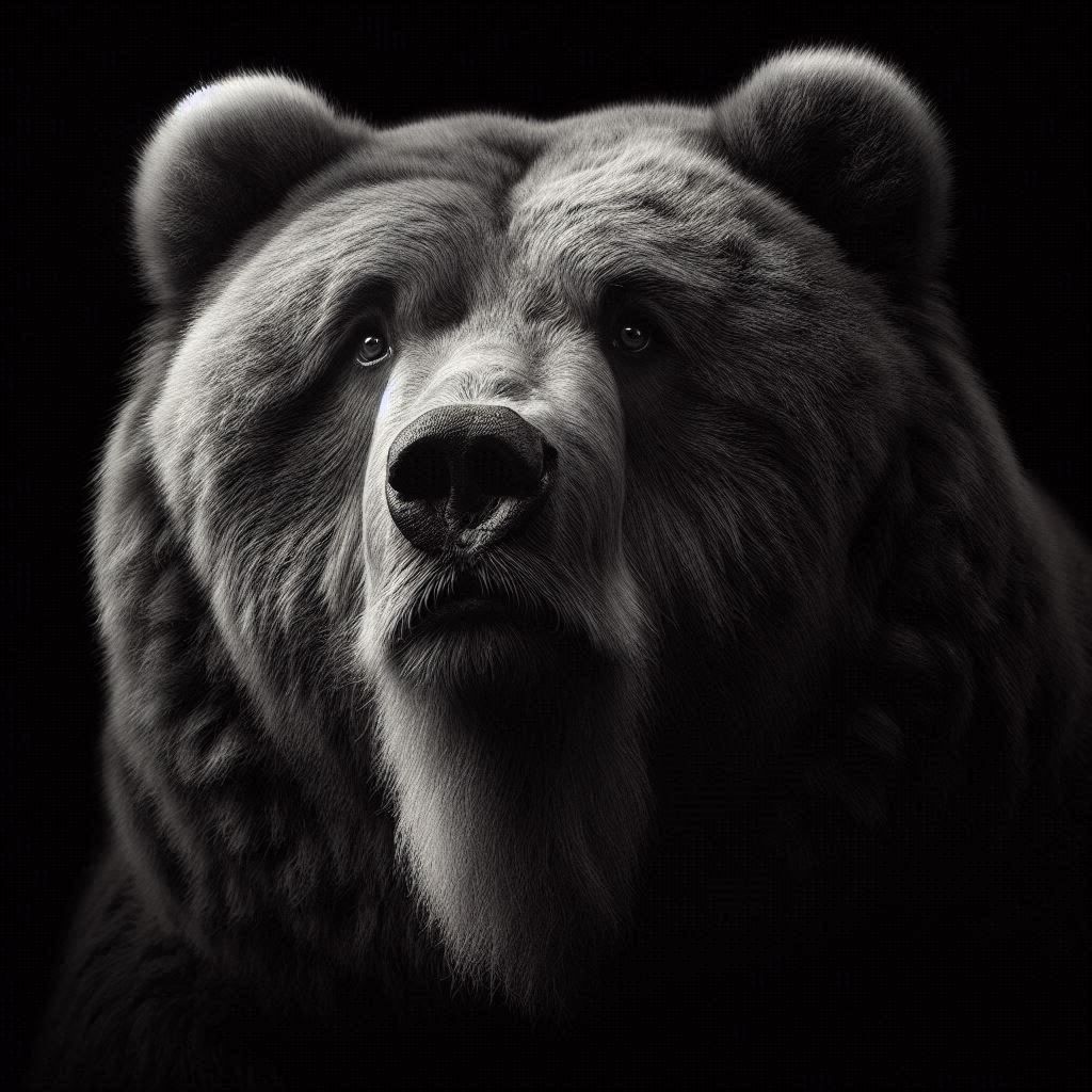 B/W Close-up Photograph Portrait: sentimental obese Kodiak Bear; looking concerned at the viewer; rising from darkness;
